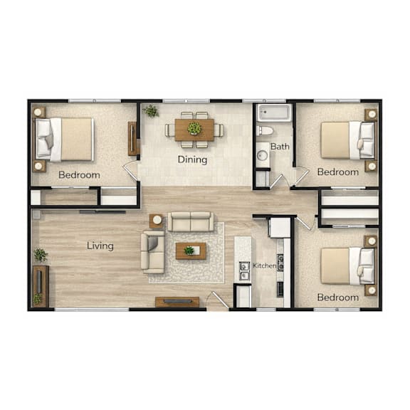 Floor Plan  A floor plan of a small apartment with a living room, dining room, kitchen, and two bedrooms.