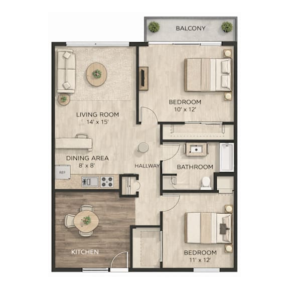 A floor plan of an apartment with a living room, dining area, kitchen, bedrooms, and bathrooms.