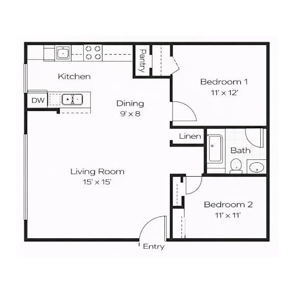 A black and white image of a floor plan for a small apartment.