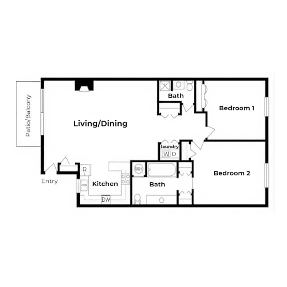 A floor plan of a small apartment with two bedrooms and a kitchen.