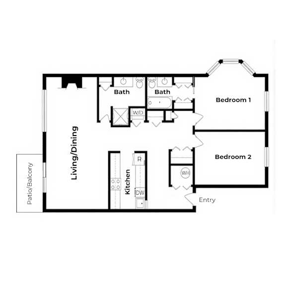 A black and white diagram of a house layout with two bedrooms, a living area, a kitchen, and two bathrooms.