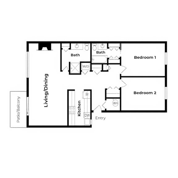 A floor plan of a small apartment with two bedrooms and a living area.