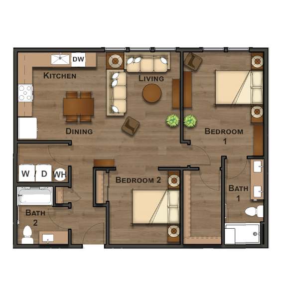 A floor plan of a house with two bedrooms, a living room, a dining room, a kitchen, and two bathrooms.
