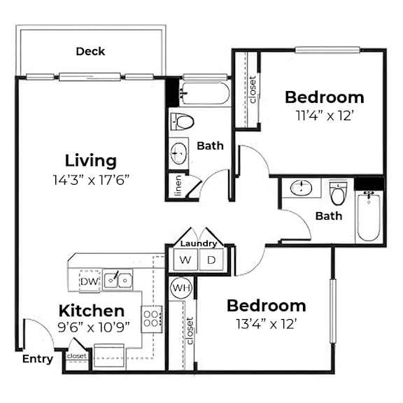 A black and white image of a floor plan for a small apartment.