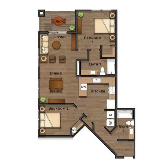 A floor plan of a two bedroom apartment with a living room, dining room, kitchen, and two bathrooms.