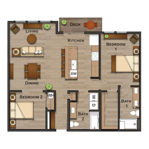 A floor plan of a house with two bedrooms, a living room, a dining room, a kitchen, a deck, and two bathrooms.