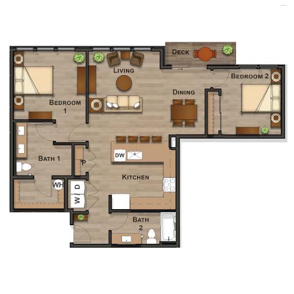 A floor plan of a house with two bedrooms, a kitchen, a dining area, a deck, and two bathrooms.