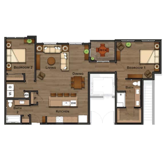 A floor plan of a house with two bedrooms, a living room, a dining room, a kitchen, and two bathrooms.