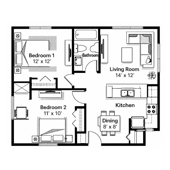 A black and white image of a floor plan for a two bedroom apartment.
