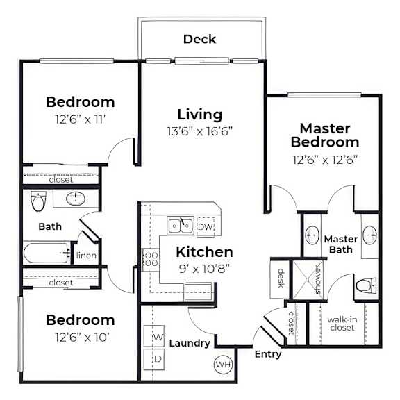 A floor plan of a home with a living room, two bedrooms, a kitchen, a master bedroom, a bath, a laundry room, and a deck.