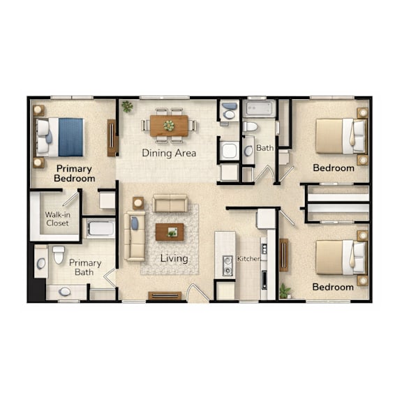 A floor plan of a small apartment with a living room, two bedrooms, a kitchen, a dining area, and a bathroom.