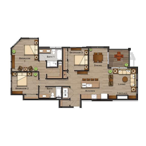 A floor plan of a house with two bedrooms, a living room, a dining room, a kitchen, a fireplace, and a deck.