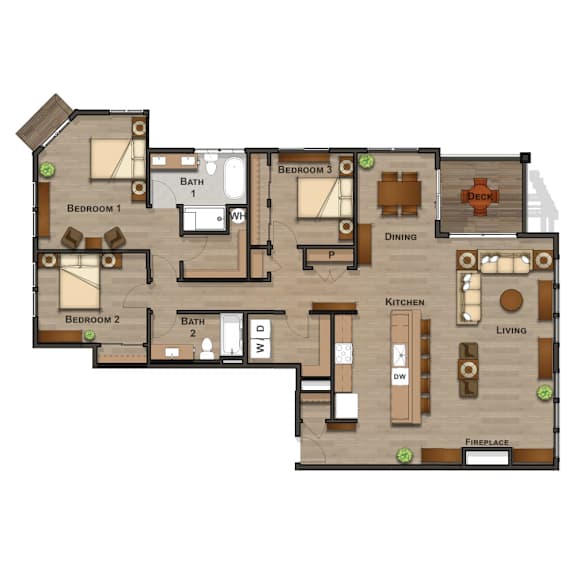 A floor plan of a house with three bedrooms, a living room, a kitchen, a dining room, a deck, and a fireplace.