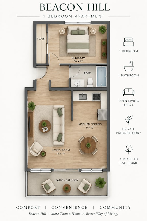 A floor plan of a one bedroom apartment at Beacon Hill.