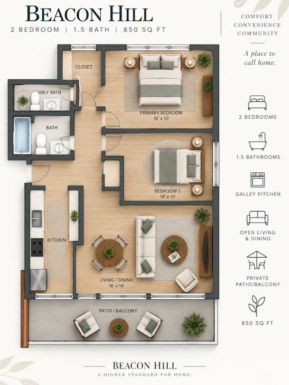 A Beacon Hill floor plan shows a 2 bedroom, 1.5 bath home with a living and dining area.