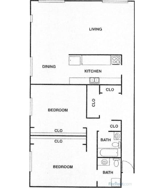 A floor plan of a house with labeled rooms such as living, dining, kitchen, bedroom, and bath.