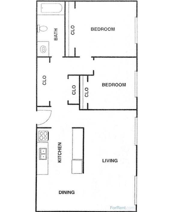 A floor plan of a small apartment with a kitchen, living room, and two bedrooms.