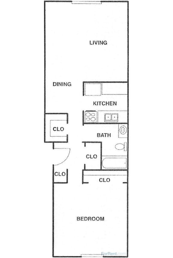 A floor plan of a small apartment with a living room, dining room, kitchen, bathroom, and bedroom.