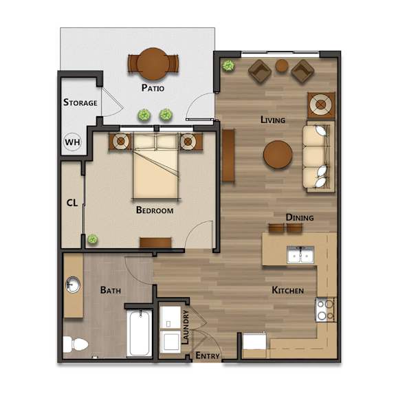 A floor plan of a house with a living room, kitchen, dining room, bedroom, bathroom, laundry room, and storage.