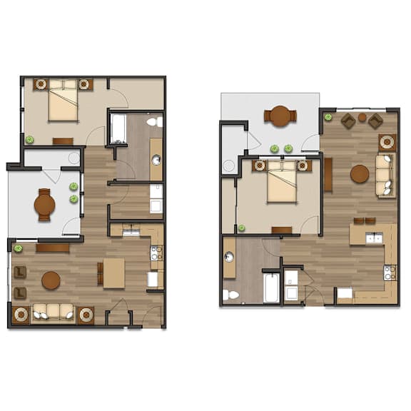 Two images of a house layout with a kitchen, living room, and bedrooms.