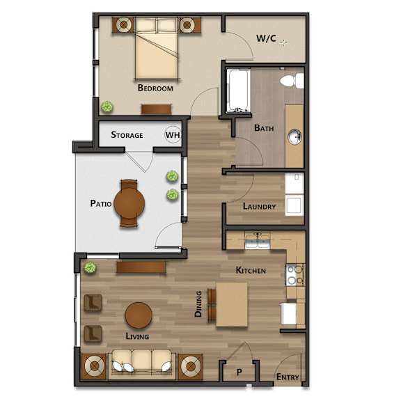 A floor plan of a house with a bedroom, bath, laundry, kitchen, dining area, living room, and patio.