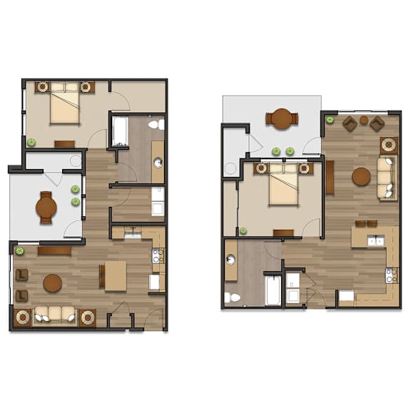Two images of a house layout with rooms and furniture.