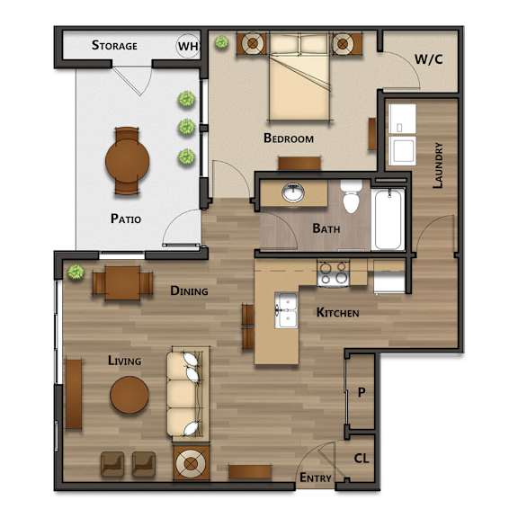 A floor plan of a house with a living room, dining room, kitchen, bedroom, bathroom, laundry, and storage.