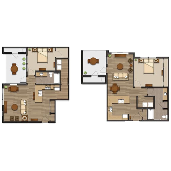 Two floor plans of a house with a kitchen, living room, and bedrooms.