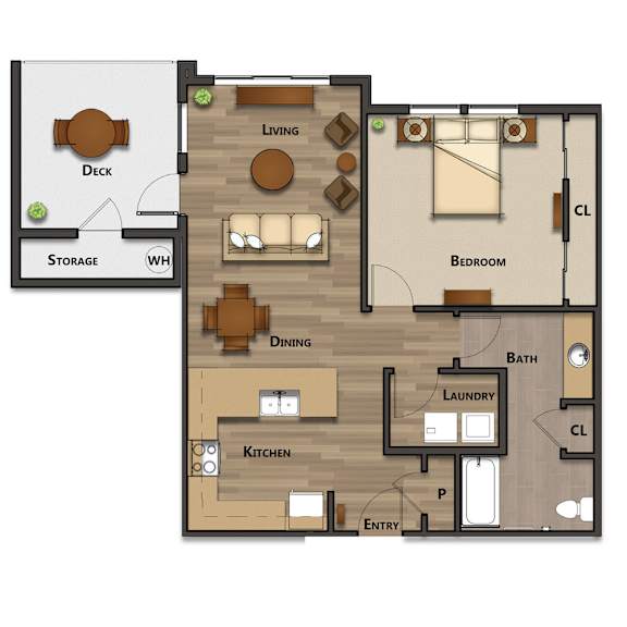 A floor plan of a house with a deck, living room, bedroom, dining room, kitchen, laundry, and bathroom.