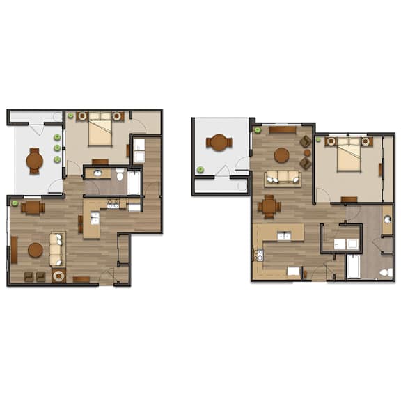 Two floor plans of a house with a kitchen, living room, and bedrooms.