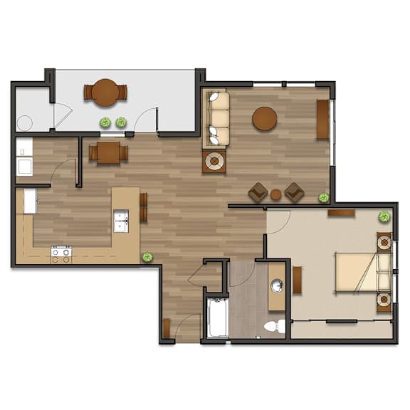 A floor plan of a house with a kitchen, living room, and two bedrooms.