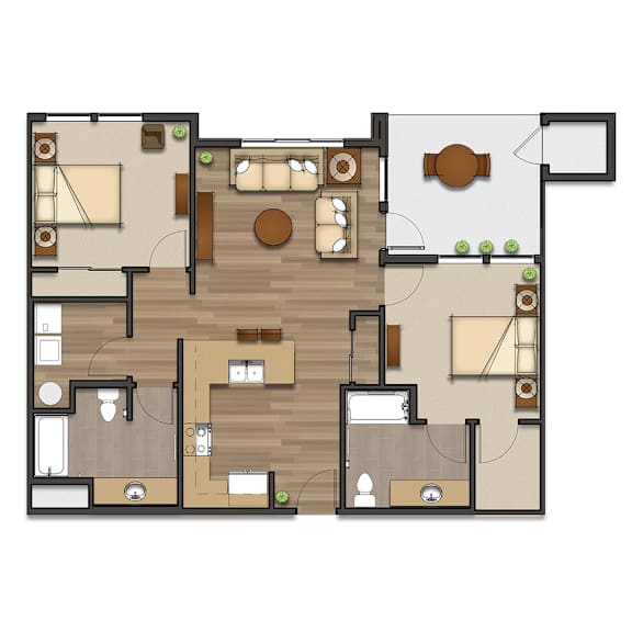 A floor plan of a house with a kitchen, living room, and two bedrooms.