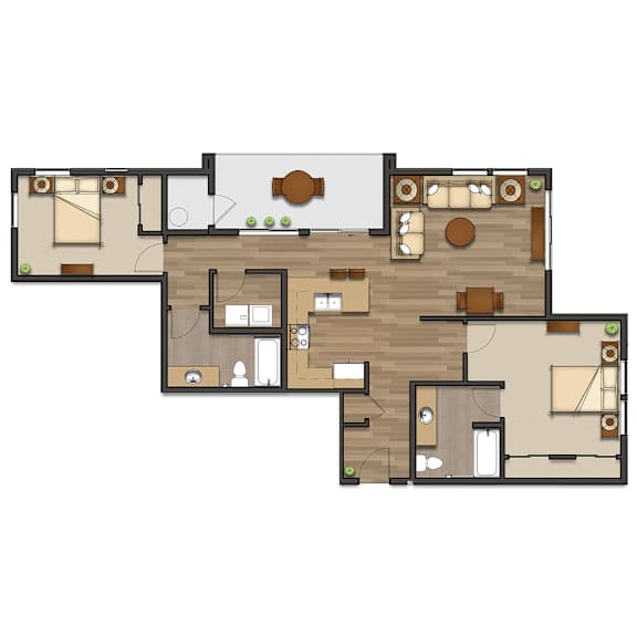 A floor plan of a house with a kitchen, living room, and two bedrooms.