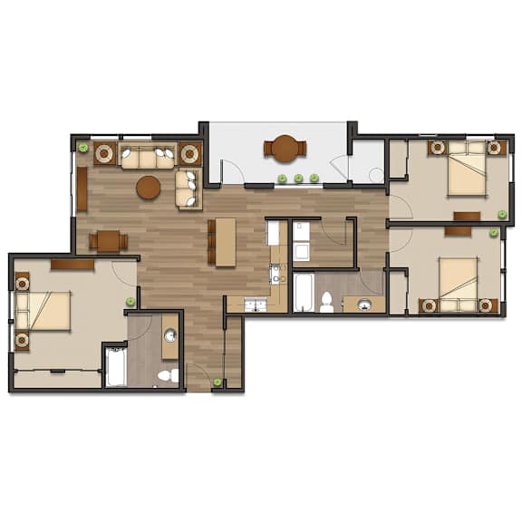 A floor plan of a house with a kitchen, living room, and two bedrooms.