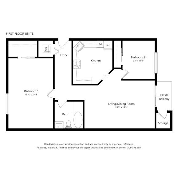 A black and white drawing of a first floor layout with a living room, two bedrooms, a kitchen, a bathroom, and storage.