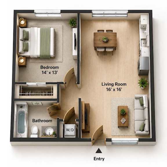 A diagram shows a living room, bedroom, and bathroom layout.