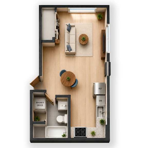 A top-down view of a small apartment layout with a kitchen, living room, and bathroom.