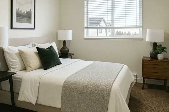 A bedroom with a large bed and two lamps.