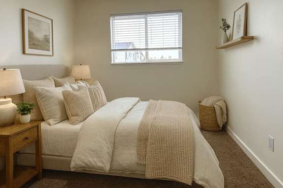 A bedroom with a large bed and a window.