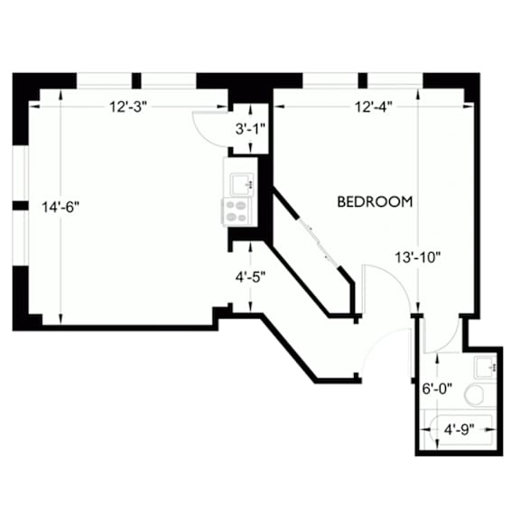 A black and white image of a floor plan for a bedroom.
