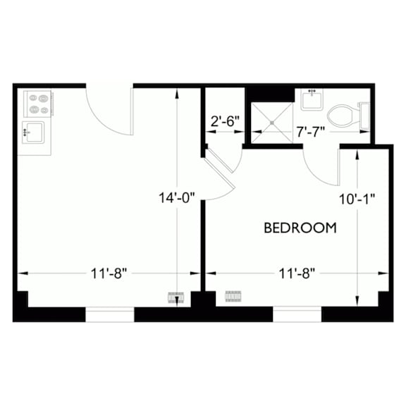 A floor plan of a bedroom with dimensions of each part.