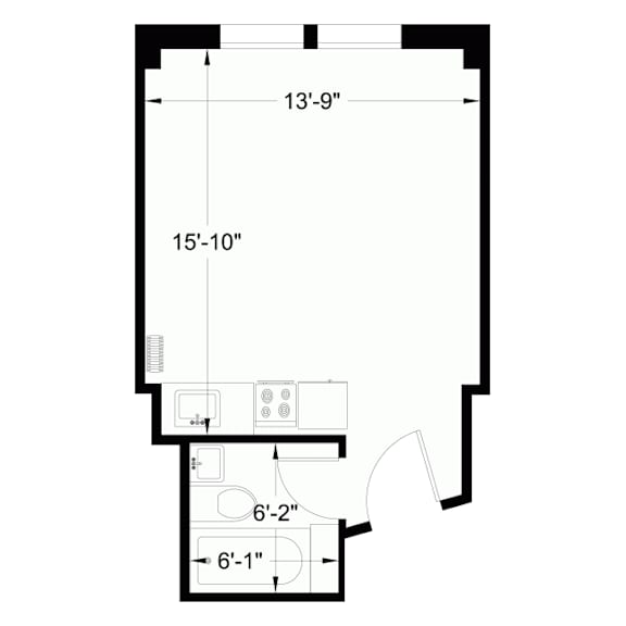 A floor plan of a room with dimensions and furniture layout.