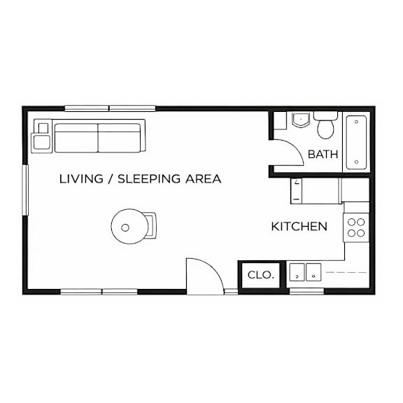 A black and white floor plan of a small apartment with a living/sleeping area, kitchen, and bathroom.