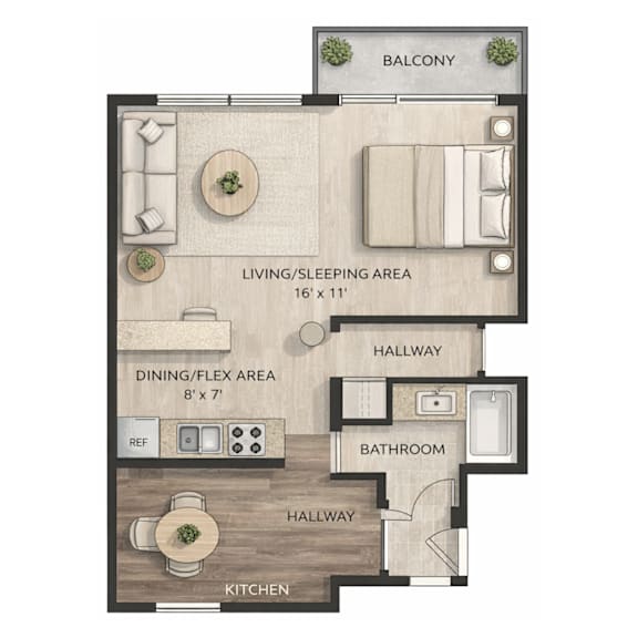 A floor plan of an apartment with a living/sleeping area, dining/flex area, bathroom, kitchen, and balcony.