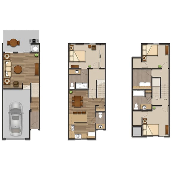 Three different layouts of a house with a car parked in the driveway.