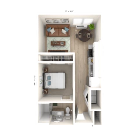 a stylized floor plan with a bedroom and a bathroom