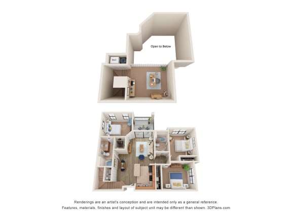 a stylized floor plan of a 3 bedroom apartment