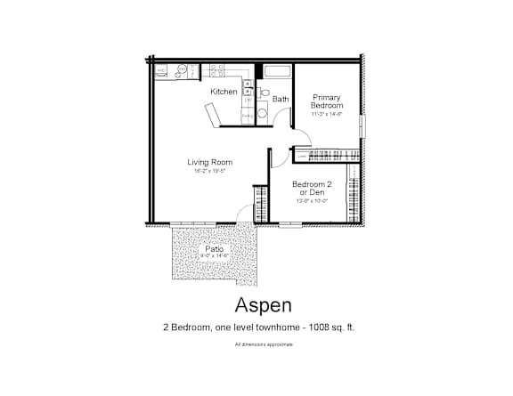 A drawing of a one-bedroom apartment with a living room, kitchen, and bathroom.