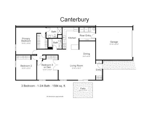 A floor plan of a Canterbury property with three bedrooms and a garage.