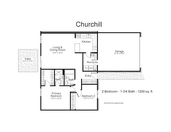 A floor plan of a house named Churchill with two bedrooms and a garage.